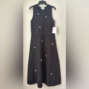 NWT Free Assembly Rhinestone Floral A-Line Dress Stretchy Crew Neck Black XS